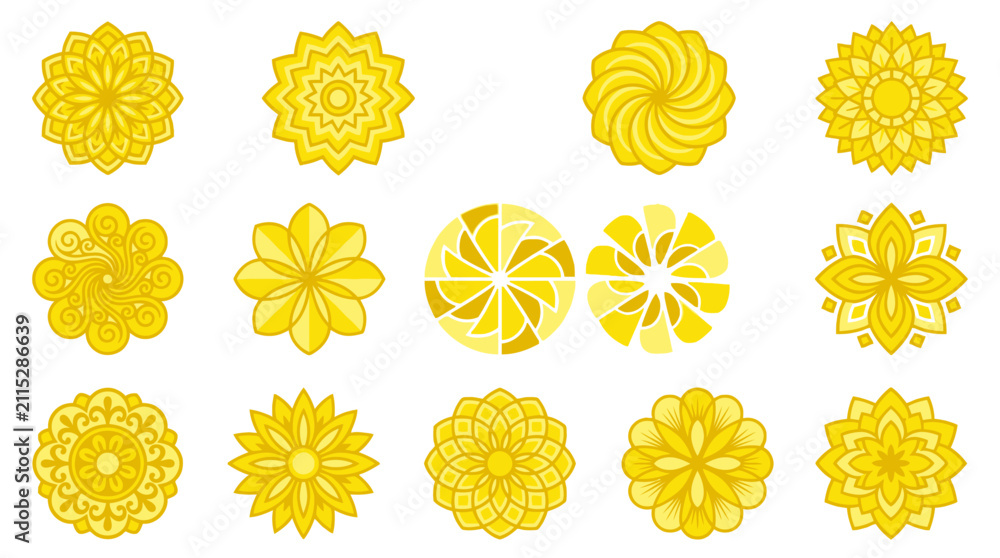 Fototapeta premium Set of yellow floral mandala icons featuring geometric sun patterns and decorative radial bloom ornaments for graphic design