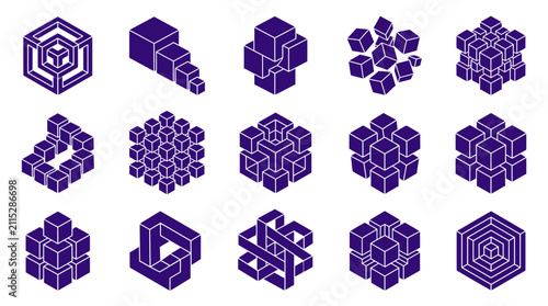 Collection of Geometric Isometric Abstract Cube Icons Featuring Complex 3D Structures and Mathematical Perspective Designs