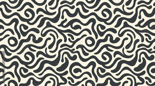 Black And White Seamless Wavy Organic Doodle Pattern