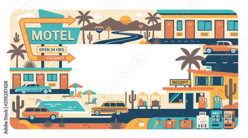 Vintage desert motel road trip border frame design.