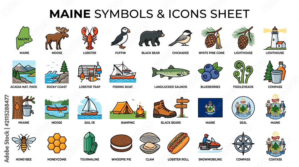 Fototapeta premium Comprehensive collection of colorful icons illustrating Maine state culture, famous landmarks, native wildlife, delicious local food, and outdoor recreation symbols