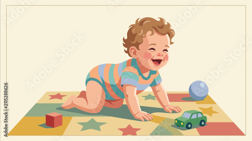 Cuadro en lienzo Cheerful toddler crawling with joyful laughter, soft playroom carpet, bright natural lighting, loving family environment, realistic vector illustration, isolated background, premium quality