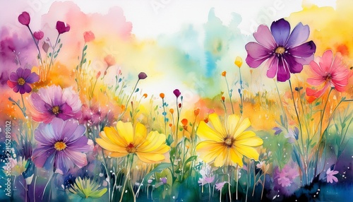 abstract watercolor painting of a vibrant flower field with yellow pink purple and green hues generative ai