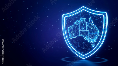 Blue Glowing Shield Map Australia for cyber security data protection and national defense technology concept