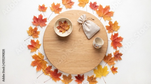 flat lay autumn composition with round wooden board, ceramic bowl, linen gift pouch, tea cup, and maple leaves frame on white background