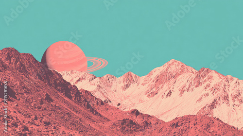 Surreal alien planet landscape with pink mountains and ringed planet in turquoise sky.