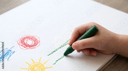 Child drawing with crayon on paper, creativity and childhood innocence macro close-up, playful detail, bright background