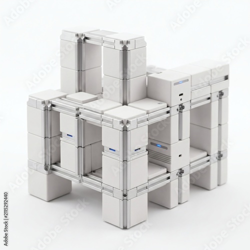 Modular Futuristic Cube Structure Standing on White Background for Tech Innovation Concept