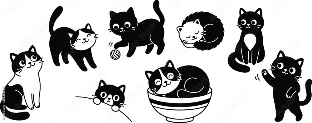 Obraz premium Black cat silhouettes in various poses a vector illustration on a white background cats feline felines kitten kittens domestic animal animals silhouette graphic graphics design