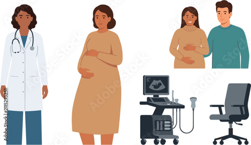 Bild auf Leinwand Pregnancy medical checkup vector set featuring doctor with stethoscope pregnant