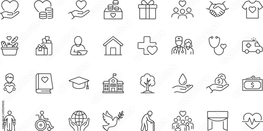 Fototapeta premium Charity and healthcare line icons on a white background representing support and well being icon donation giving medical aid assistance volunteer art outline vector flat