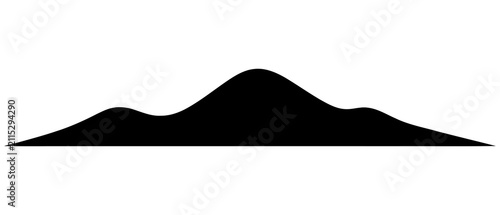 A black silhouette of a mountain range with rolling hills and a central peak, isolated on a transparent background.