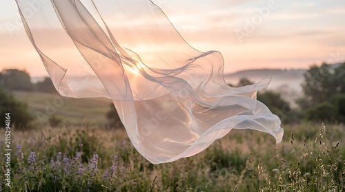 Flowing Translucent Fabric in Meadow at Sunset
