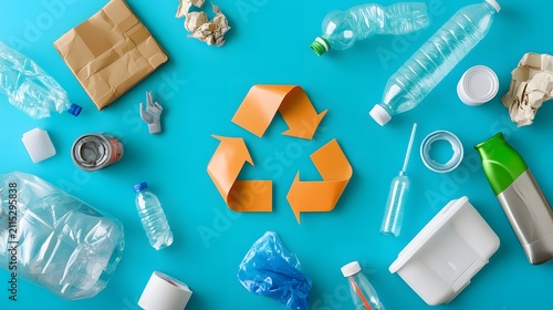 Recycling symbol surrounded by plastic waste and recyclable materials on blue background
