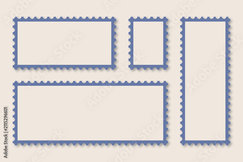 Vector set of postage stamps with drop shadows. Templates with perforated edges.
