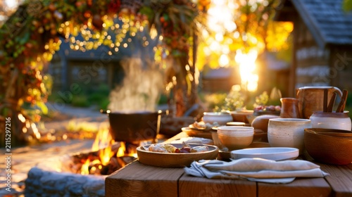 Rustic Cooking Setup in Countryside with Smoky Wood Fire Beside Sunset Glow