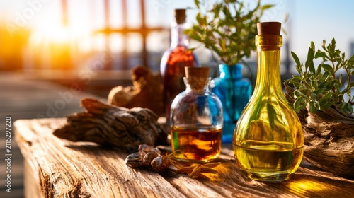 Colorful Glass Bottles and Driftwood on a Sunset Dockside Table with Fresh Greenery
