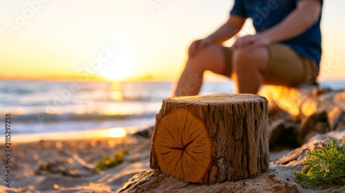 Tranquil Beach Scene During Golden Hour with Focus on Wooden Log and Man Relaxing Nearby