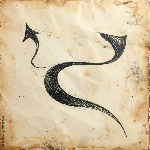 A stylized, inky black abstract form sketched on aged, textured paper