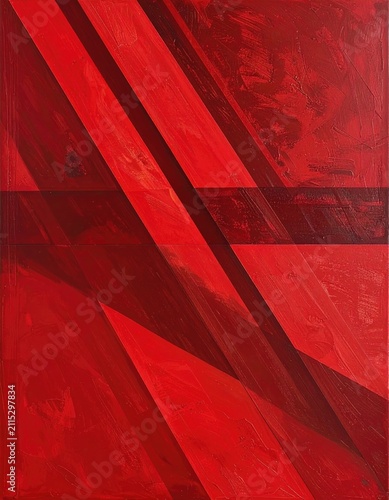 Abstract composition of bold red strokes and geometric shapes with varying depth