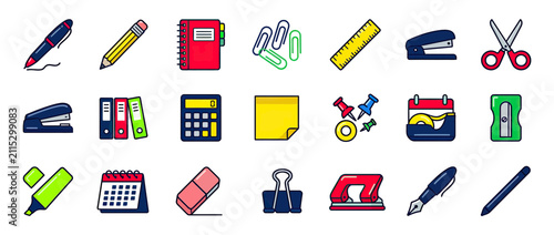 Office Supplies Collection, Stationery Icons, Flat Design