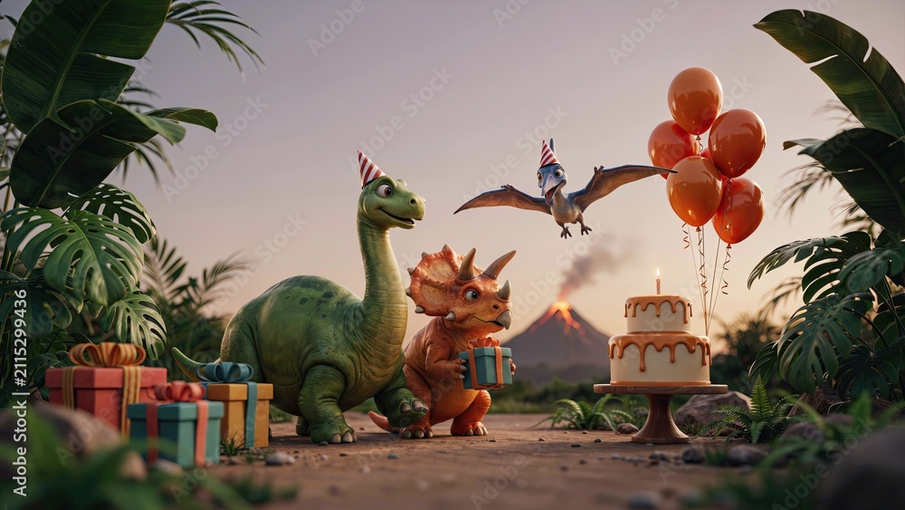 Obraz premium Dinosaurs celebrate a festive jungle birthday with a tiered cake, colorful gift boxes, and bright orange balloons.