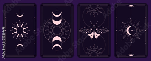 Set of four mystical tarot card backs with sun, moon phases, moth, stars and celestial line ornaments in dark purple and pink. Vector illustration