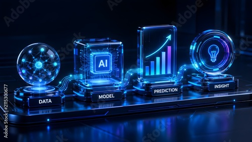 AI-powered data analysis pipeline leading to valuable business insights and predictions, visualized with futuristic digital technology on a sleek dark background.