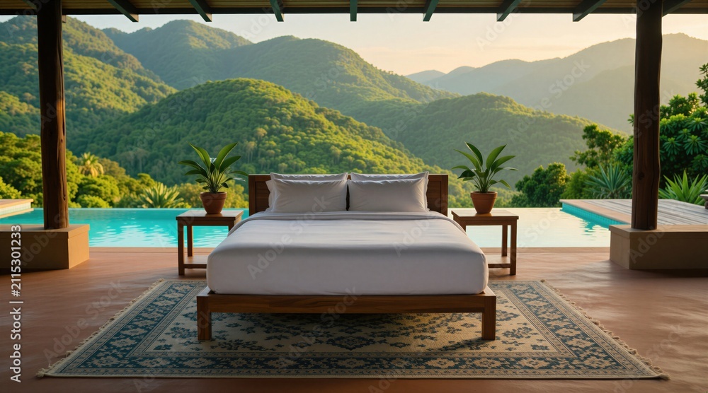 Obraz premium Luxury bed on open terrace overlooks lush green mountains and blue infinity pool. Tropical jungle paradise resort offers serene mountain view vacation.