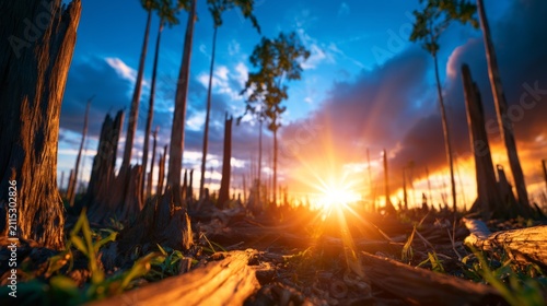 Golden Sunset Over Rainforest Destruction with Smoke and Deforestation Scene
