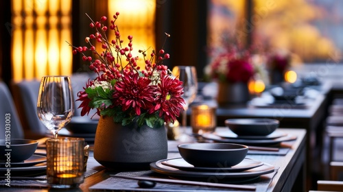 Elegant Oriental Dinner Arrangement with Scarlet Flowers and Calm Warm Ambiance