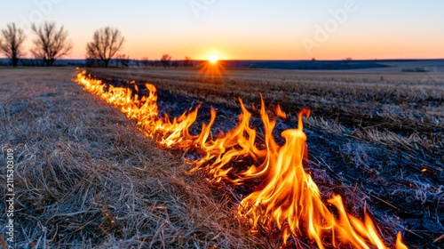 Wildfire Flames Spreading Across Open Countryside During Sunset with Destruction in Field