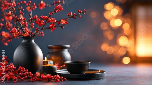 Elegant Still Life with Black Ceramic and Red Flowers in an Oriental Style Setting