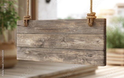 Weathered Wooden Plaque Hanging from Rope in a Bright Indoor Setting with Natural Light