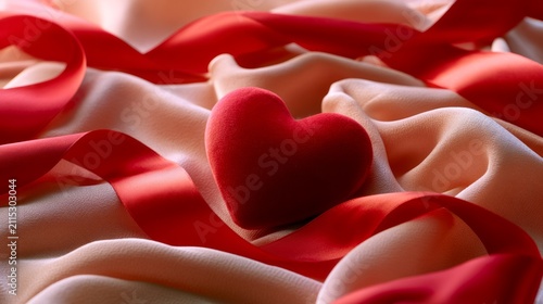 Romantic Valentine Flatlay with Scarlet Silk and Ribbon Featuring a Heart-Shaped Decoration