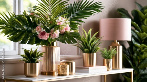 Elegant Indoor Summer Glamour Setup with Lush Greenery and Chic Home Decor Accents
