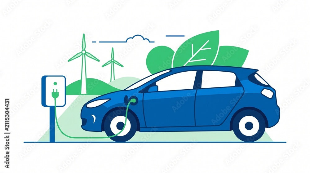 Fototapeta premium Electric Car Charging at Station with Wind Turbines and Green Leaves