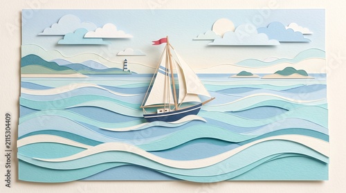 Paper craft sailboat sailing on ocean waves with lighthouse and clouds