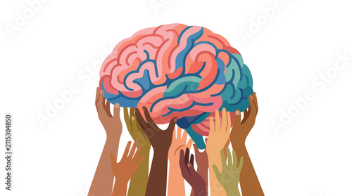 Foto Diverse Hands Holding Up Colorful Human Brain Illustration