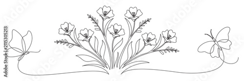 Continuous line drawing of flowers and butterflies on a white background 2.eps