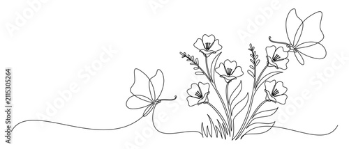Continuous line drawing of flowers and butterflies on a white background.eps