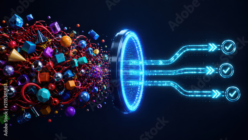 Simplifying complex information systems showing scattered colorful geometric data passing through filter into structured workflow paths