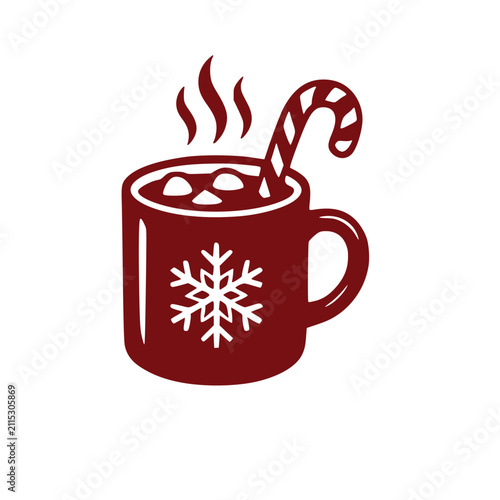 Dark red winter holiday silhouette icon featuring a cozy steaming mug of hot cocoa with sweet marshmallows and a candy cane vector graphic design element