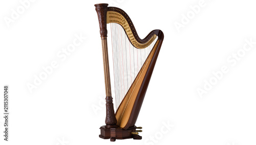 Quadro su tela Isolated beautiful elegant ornate classical wooden pedal harp, a majestic musical instrument with golden details