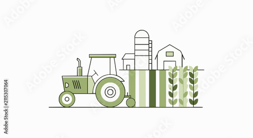 Minimalist farm illustration featuring green tractor cultivating fields near silo with tractor working agricultural