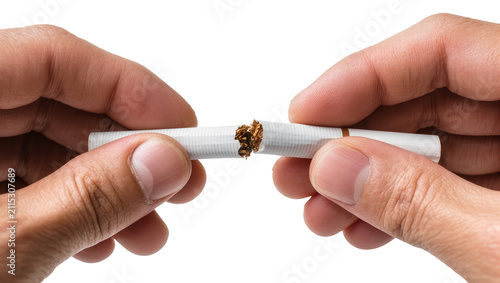 Принти на полотні Isolated hands breaking a cigarette in two, symbolizing the act of quitting smoking and addiction