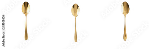 Set of Three Shiny Gold Spoons Isolated on White Background Detailed Cutlery and Tableware Illustration Collection