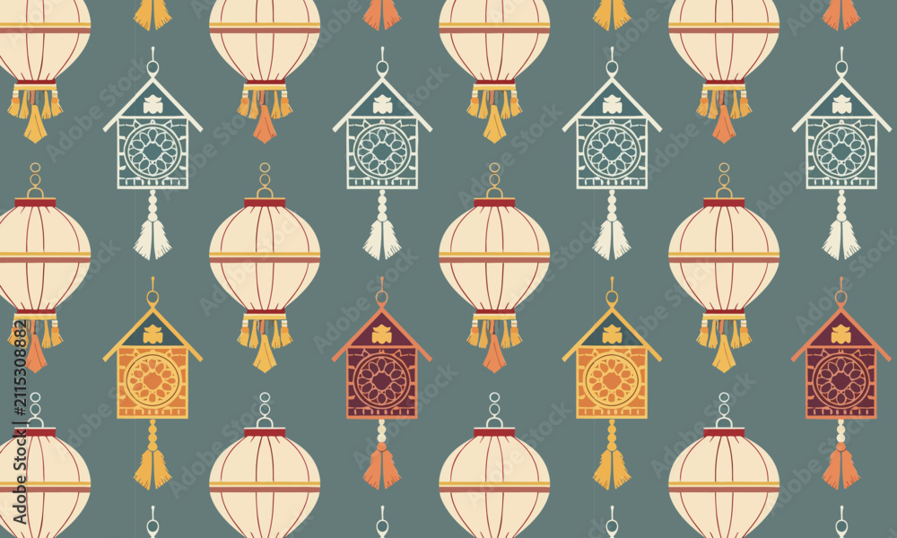 Fototapeta premium Vintage Cuckoo Clocks and Paper Lanterns Seamless Vector Pattern on Dark Teal Background