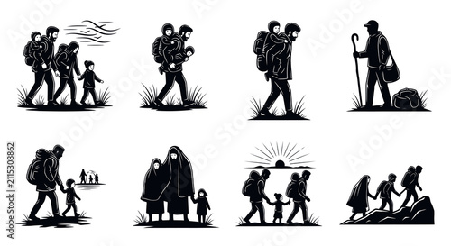 Refugees and Migrants Walking Silhouettes Vector