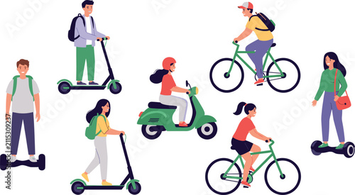 Bild auf Leinwand Diverse urban commuters character set riding electric scooters bicycles hoverboa